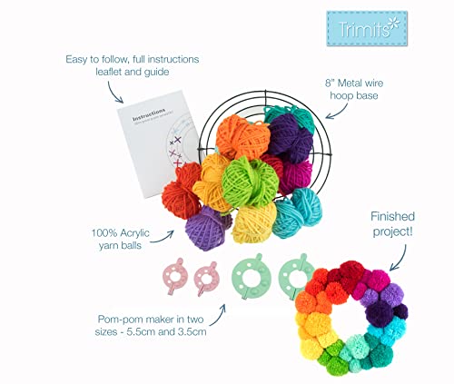 Trimits Rainbow Pom Pom Wreath Kit, Make Your Own Christmas Decorations, Front Door Garland, Pride Decorations 26cm (10.25in)