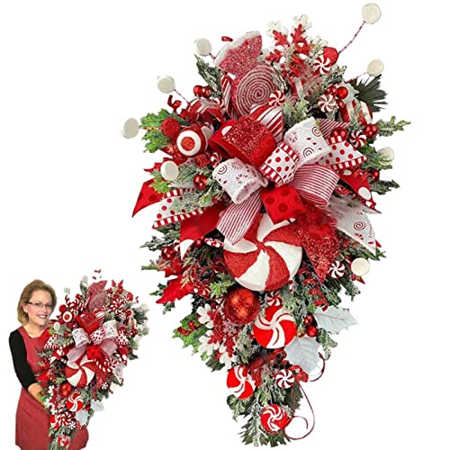 Christmas Teardrop Swag Wreath,Candy Cane Christmas Decorations for Front Door | Winter Holiday Hanging Ornaments for Fireplace, Window, Front Door