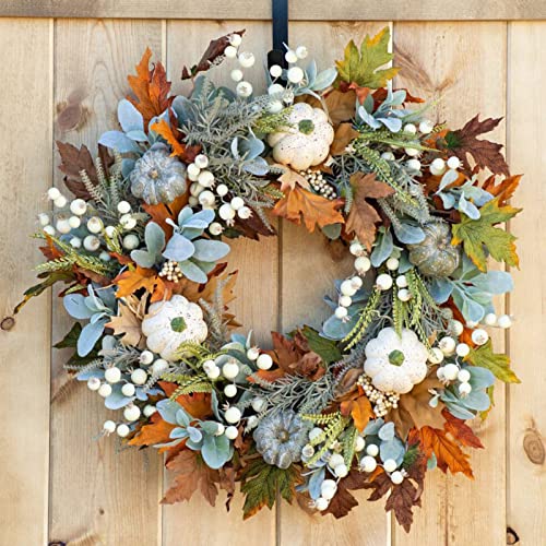 Fall Wreath for Front Door Artificial Autumn Wreath Harvest Wreath, Thanksgiving Decor Maple Leaves Pumpkins Pinecone Berry Acorn 20 Inch Autumn Wreaths Farmhouse Indoor Outdoor Festival Home Decor