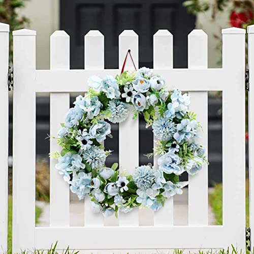 Warmiehomy 38cm Artificial Flower Wreath,Door Wreath Blue Hydrangea and Peony Flower Artificial Garlands Front Door Wreath for Christmas Festival Farmhouse Home Valentine Decoration