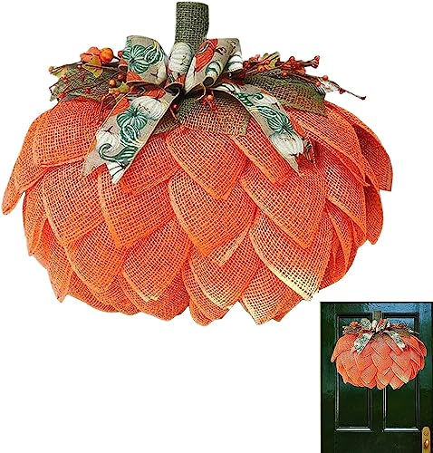 Autumn Wreath Pumpkin with Bows and Berries 40cm for Front Door Docorations Burlap Pumpkin Decor for Fall Halloween Christmas Thanksgiving Wall Home DecorationPumpkin Garland