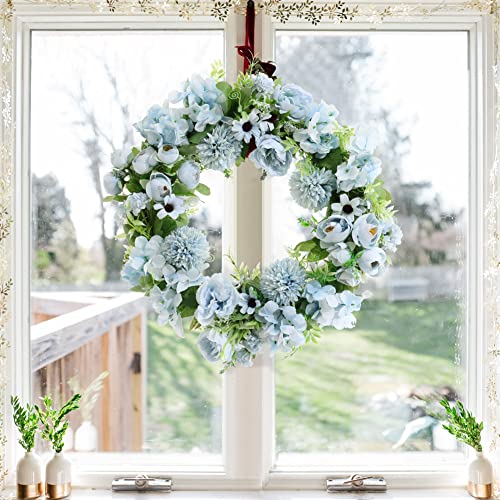Warmiehomy 38cm Artificial Flower Wreath,Door Wreath Blue Hydrangea and Peony Flower Artificial Garlands Front Door Wreath for Christmas Festival Farmhouse Home Valentine Decoration