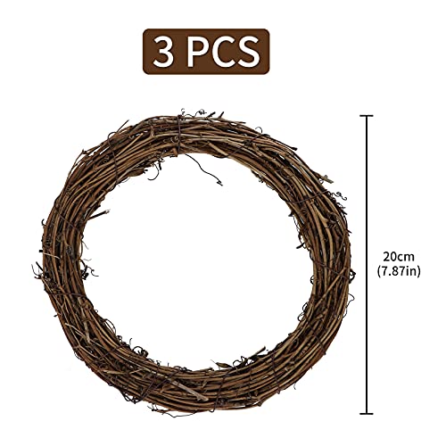 3 Pieces Retro Christmas Wreath Natural Grapevine Wreaths Vine Branch Wreath for DIY Craft Front Door Wall Hanging,Christmas Rattan Wreath for Halloween,Christmas Wedding Party Decors 20cm