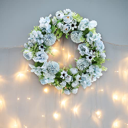 Warmiehomy 38cm Artificial Flower Wreath,Door Wreath Blue Hydrangea and Peony Flower Artificial Garlands Front Door Wreath for Christmas Festival Farmhouse Home Valentine Decoration