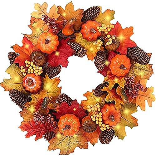40cm Autumn Wreaths with LED Light Fall Maple Leaf Pumpkin Berry Garland Artificial Flower Wreath Front Door for Thanksgiving Halloween Christmas Wedding Home Decoration