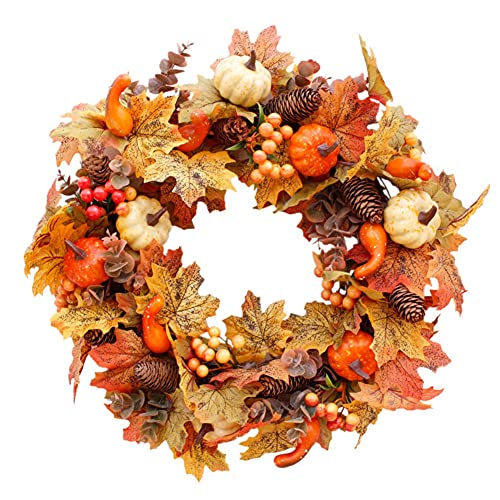 Autumn Wreath Artificial Wreath 50cm/20in Christmas Front Door Rattan Garland with Pumpkin Berries Pine Cone Maple Leaves for Thanksgiving Halloween Christmas Autumn Home Decoration