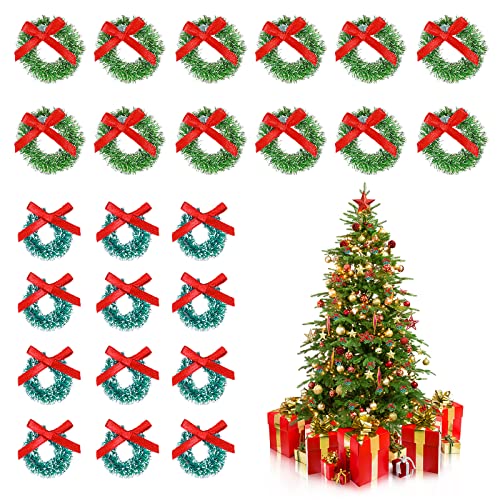 Abeillo 24 Pcs Christmas Tree Decorations- Mini Christmas Wreaths 1 Inch Xmas Tree Wreaths Decorations, Hanging Christmas Tree Wreath Ornaments