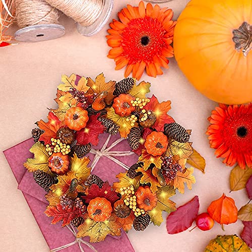 40cm Autumn Wreaths with LED Light Fall Maple Leaf Pumpkin Berry Garland Artificial Flower Wreath Front Door for Thanksgiving Halloween Christmas Wedding Home Decoration