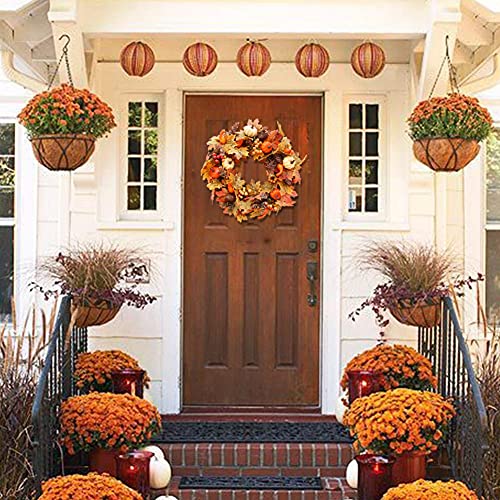 Autumn Wreath Artificial Wreath 50cm/20in Christmas Front Door Rattan Garland with Pumpkin Berries Pine Cone Maple Leaves for Thanksgiving Halloween Christmas Autumn Home Decoration