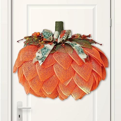 Autumn Wreath Pumpkin with Bows and Berries 40cm for Front Door Docorations Burlap Pumpkin Decor for Fall Halloween Christmas Thanksgiving Wall Home DecorationPumpkin Garland