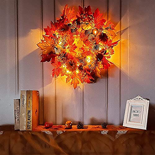 40cm Autumn Wreaths with LED Light Fall Maple Leaf Pumpkin Berry Garland Artificial Flower Wreath Front Door for Thanksgiving Halloween Christmas Wedding Home Decoration