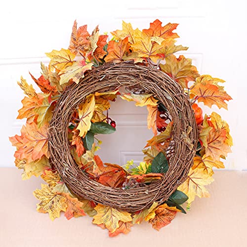 Autumn Wreath Artificial Wreath 50cm/20in Christmas Front Door Rattan Garland with Pumpkin Berries Pine Cone Maple Leaves for Thanksgiving Halloween Christmas Autumn Home Decoration
