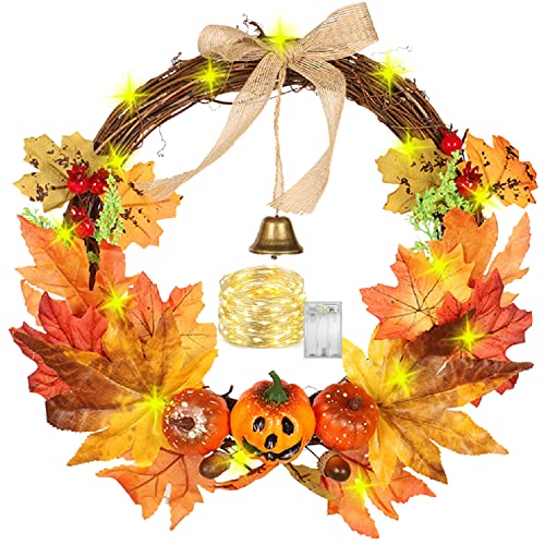 32CM Artificial Autumn Fall Wreath with LED Light Maple Leaf Harvest Pumpkins Bells Acorn Berries Front Door Hanging Wreath for Thanksgiving Halloween Home Decoration