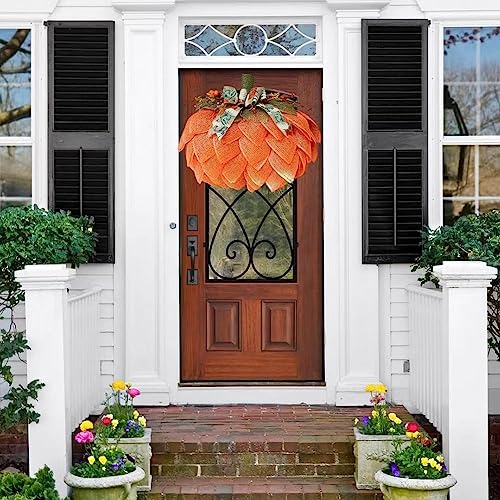 Autumn Wreath Pumpkin with Bows and Berries 40cm for Front Door Docorations Burlap Pumpkin Decor for Fall Halloween Christmas Thanksgiving Wall Home DecorationPumpkin Garland