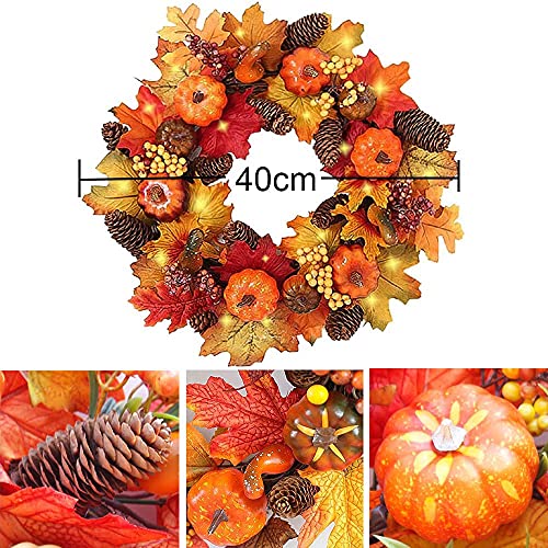 40cm Autumn Wreaths with LED Light Fall Maple Leaf Pumpkin Berry Garland Artificial Flower Wreath Front Door for Thanksgiving Halloween Christmas Wedding Home Decoration