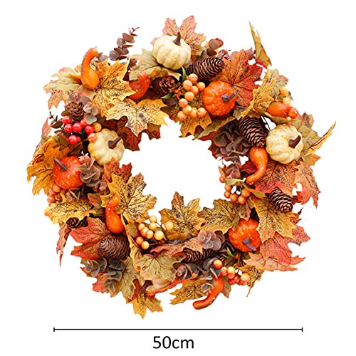 Autumn Wreath Artificial Wreath 50cm/20in Christmas Front Door Rattan Garland with Pumpkin Berries Pine Cone Maple Leaves for Thanksgiving Halloween Christmas Autumn Home Decoration