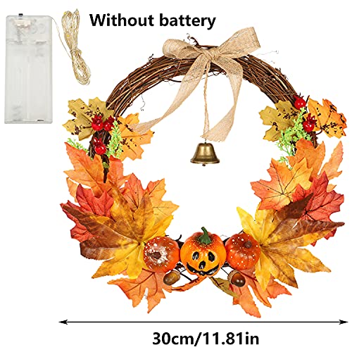 32CM Artificial Autumn Fall Wreath with LED Light Maple Leaf Harvest Pumpkins Bells Acorn Berries Front Door Hanging Wreath for Thanksgiving Halloween Home Decoration