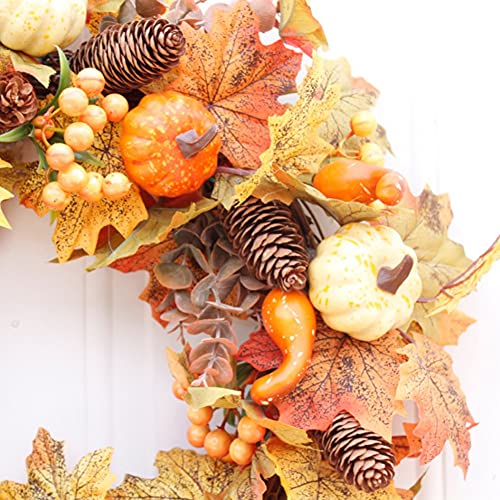 Autumn Wreath Artificial Wreath 50cm/20in Christmas Front Door Rattan Garland with Pumpkin Berries Pine Cone Maple Leaves for Thanksgiving Halloween Christmas Autumn Home Decoration