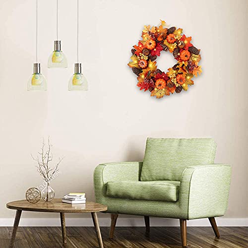 40cm Autumn Wreaths with LED Light Fall Maple Leaf Pumpkin Berry Garland Artificial Flower Wreath Front Door for Thanksgiving Halloween Christmas Wedding Home Decoration