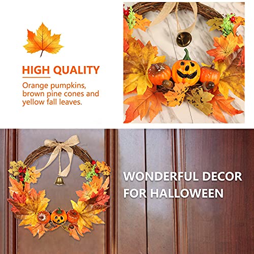 32CM Artificial Autumn Fall Wreath with LED Light Maple Leaf Harvest Pumpkins Bells Acorn Berries Front Door Hanging Wreath for Thanksgiving Halloween Home Decoration