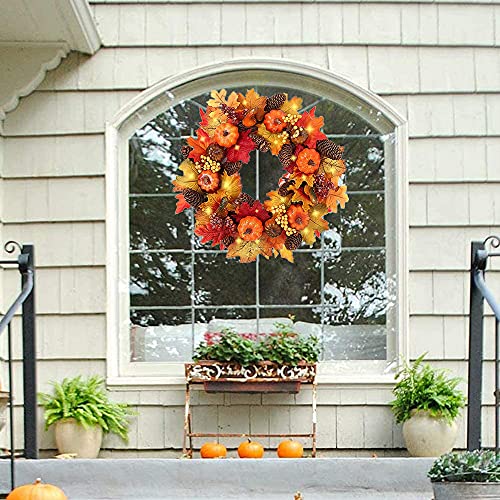 40cm Autumn Wreaths with LED Light Fall Maple Leaf Pumpkin Berry Garland Artificial Flower Wreath Front Door for Thanksgiving Halloween Christmas Wedding Home Decoration