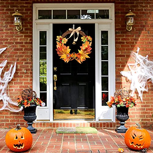 32CM Artificial Autumn Fall Wreath with LED Light Maple Leaf Harvest Pumpkins Bells Acorn Berries Front Door Hanging Wreath for Thanksgiving Halloween Home Decoration