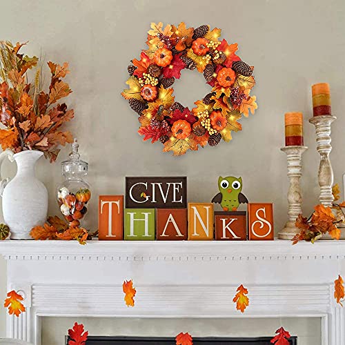 40cm Autumn Wreaths with LED Light Fall Maple Leaf Pumpkin Berry Garland Artificial Flower Wreath Front Door for Thanksgiving Halloween Christmas Wedding Home Decoration
