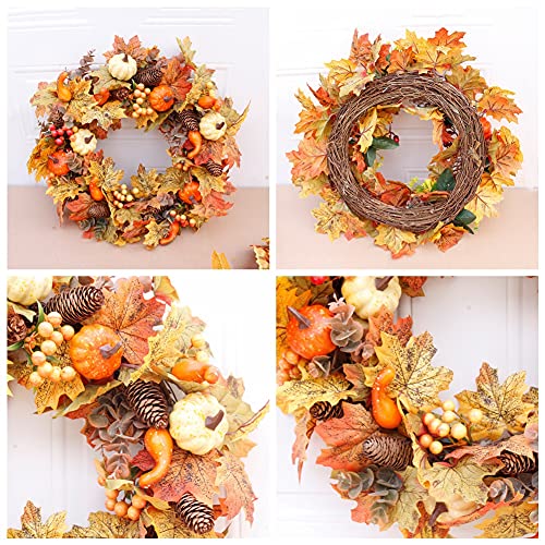 Autumn Wreath Artificial Wreath 50cm/20in Christmas Front Door Rattan Garland with Pumpkin Berries Pine Cone Maple Leaves for Thanksgiving Halloween Christmas Autumn Home Decoration