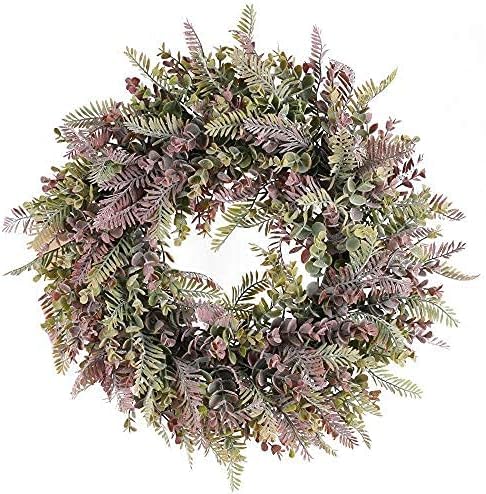 DHISUFU 55CM Artificial Wreath Autumn Door Wreath Fake Boxwood Fern Front Door Wreath Silk Eucalyptus Wreath Plastic Wreath Purple Wedding Wreath for Wall Hanging Window Home Room Garden Outside