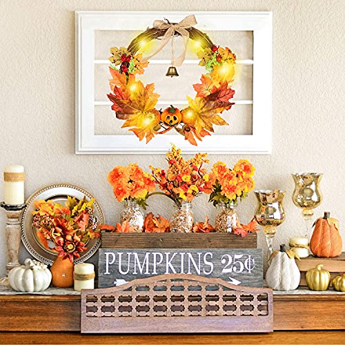 32CM Artificial Autumn Fall Wreath with LED Light Maple Leaf Harvest Pumpkins Bells Acorn Berries Front Door Hanging Wreath for Thanksgiving Halloween Home Decoration