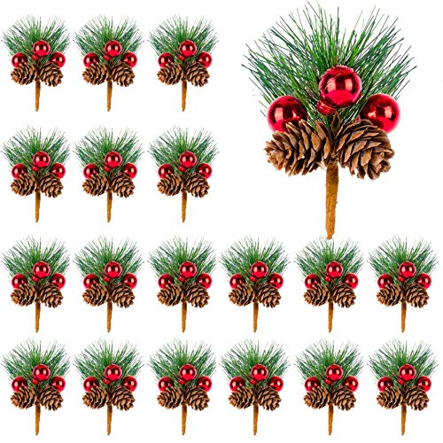 KY-Tech Artificial Christmas Pine Picks, 24pcs Artificial Pine Picks Red Berries Pine Cones Christmas Wreath Making Supplies for Christmas Craft Decoration