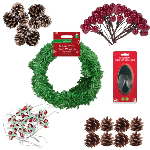 Christmas Wreath Making Supplies - Wreath Garland, Pine Cones for Decoration, Artificial Berries, Bells, Hook - Christmas Wreath Making Kit, Christmas Wreath Decorations, Christmas Craft Supplies