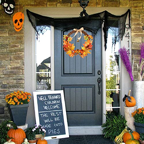 32CM Artificial Autumn Fall Wreath with LED Light Maple Leaf Harvest Pumpkins Bells Acorn Berries Front Door Hanging Wreath for Thanksgiving Halloween Home Decoration