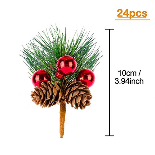KY-Tech Artificial Christmas Pine Picks, 24pcs Artificial Pine Picks Red Berries Pine Cones Christmas Wreath Making Supplies for Christmas Craft Decoration