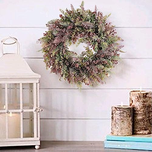 DHISUFU 55CM Artificial Wreath Autumn Door Wreath Fake Boxwood Fern Front Door Wreath Silk Eucalyptus Wreath Plastic Wreath Purple Wedding Wreath for Wall Hanging Window Home Room Garden Outside