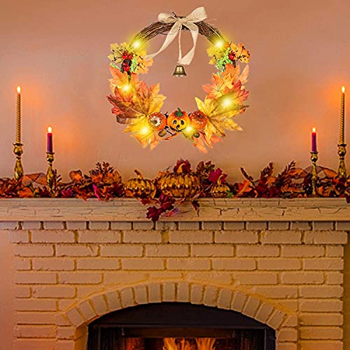32CM Artificial Autumn Fall Wreath with LED Light Maple Leaf Harvest Pumpkins Bells Acorn Berries Front Door Hanging Wreath for Thanksgiving Halloween Home Decoration