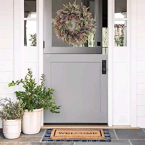 DHISUFU 55CM Artificial Wreath Autumn Door Wreath Fake Boxwood Fern Front Door Wreath Silk Eucalyptus Wreath Plastic Wreath Purple Wedding Wreath for Wall Hanging Window Home Room Garden Outside