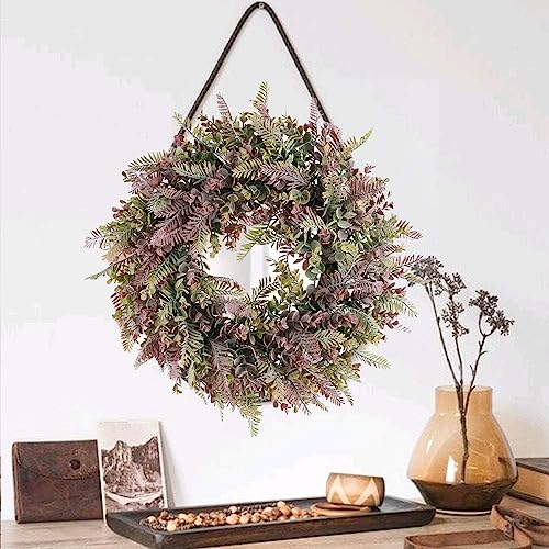 DHISUFU 55CM Artificial Wreath Autumn Door Wreath Fake Boxwood Fern Front Door Wreath Silk Eucalyptus Wreath Plastic Wreath Purple Wedding Wreath for Wall Hanging Window Home Room Garden Outside