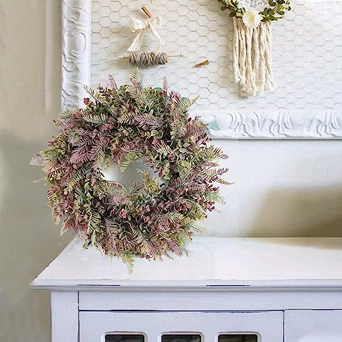 DHISUFU 55CM Artificial Wreath Autumn Door Wreath Fake Boxwood Fern Front Door Wreath Silk Eucalyptus Wreath Plastic Wreath Purple Wedding Wreath for Wall Hanging Window Home Room Garden Outside