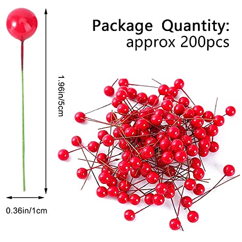 ENTHUR 200Pcs Christmas Holly Berries Artificial Berries for Christmas Wreath Decorations Wreath Making Supplies Christmas Tree Xmas Wreath Decorations