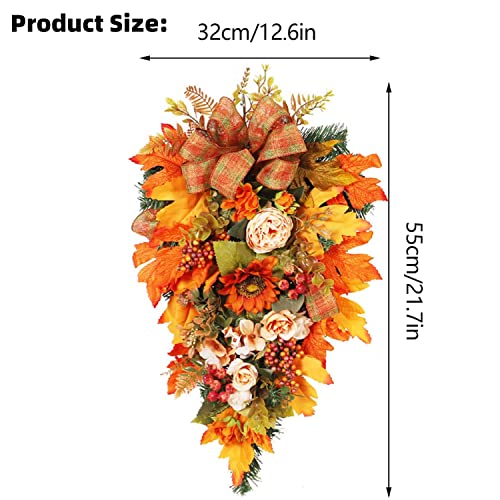 Fall Harvest Wreath Decorative Garland 21.7" Front Door Garland with Fall Leaves Faux Sunflower Berries Thanksgiving Christmas Halloween Decoration