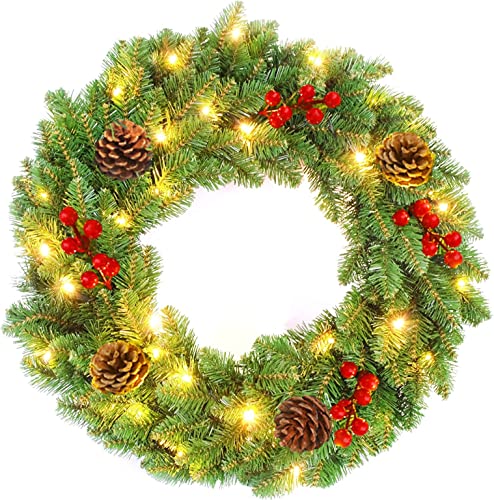 40cm Christmas Wreath,Christmas Wreath with LED Light Front Door Hanging Garland Spruce Wreaths Holiday Home Decorations Xmas Decor for Indoor,Outdoor Christmas Rattan,Christmas Decoration