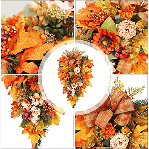 Fall Harvest Wreath Decorative Garland 21.7" Front Door Garland with Fall Leaves Faux Sunflower Berries Thanksgiving Christmas Halloween Decoration