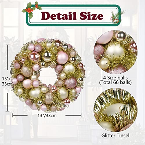 Oairse 13" Christmas Ball Wreath with 66 Christmas Baubles Christmas Hanging Decorations Door Wall Ornament Front Door Baubles Wreath Shatterproof Balls for Xmas Party New Year