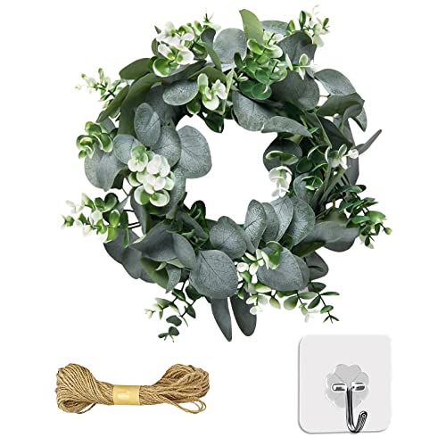 13.8 Inch Artificial Eucalyptus Wreath Front Door Eucalyptus Wreath Spring Summer Green Wreath with White Berries Green Leaf for Window Front Door Patio Garden Wall Decor