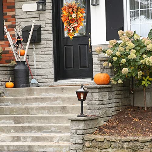 Fall Harvest Wreath Decorative Garland 21.7" Front Door Garland with Fall Leaves Faux Sunflower Berries Thanksgiving Christmas Halloween Decoration