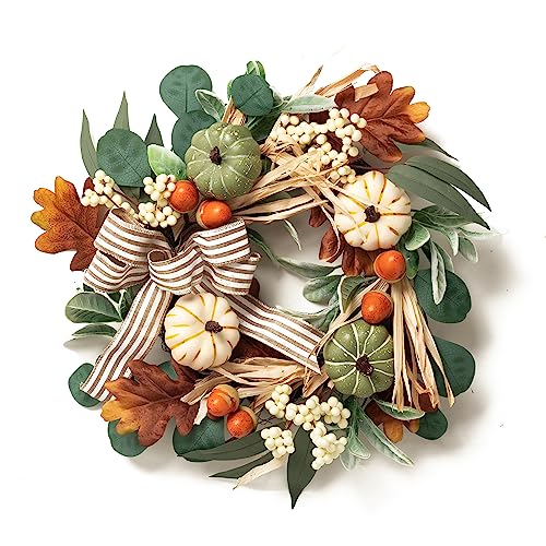 Valery Madelyn 16 inch Autumn Wreath for Front Door, Neutral Fall Decor with White Pumpkin, Berry Clusters, Pine Cone, Eucalyptus Leaves for Thanksgiving Window Wall Farmhouse Decor