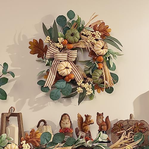 Valery Madelyn 16 inch Autumn Wreath for Front Door, Neutral Fall Decor with White Pumpkin, Berry Clusters, Pine Cone, Eucalyptus Leaves for Thanksgiving Window Wall Farmhouse Decor