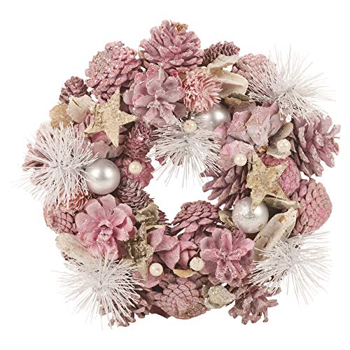 URBNLIVING Artificial Christmas Wreath, Resin Material Pinecone Leaves Berries Xmas Indoor Outdoor Ornament Display Item, 24-34cm, Multiple Colours (Pink, 24cm)