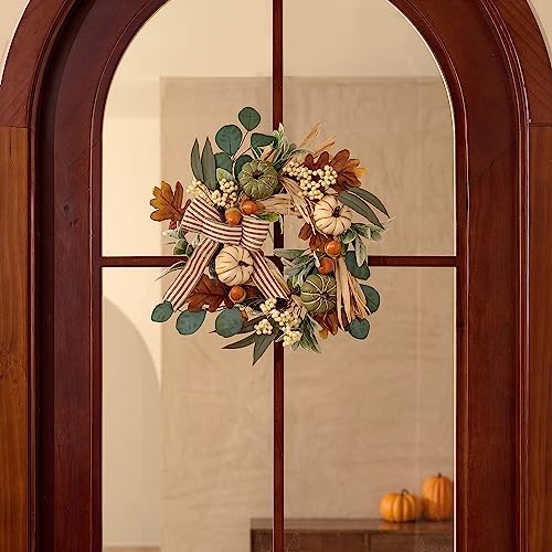 Valery Madelyn 16 inch Autumn Wreath for Front Door, Neutral Fall Decor with White Pumpkin, Berry Clusters, Pine Cone, Eucalyptus Leaves for Thanksgiving Window Wall Farmhouse Decor